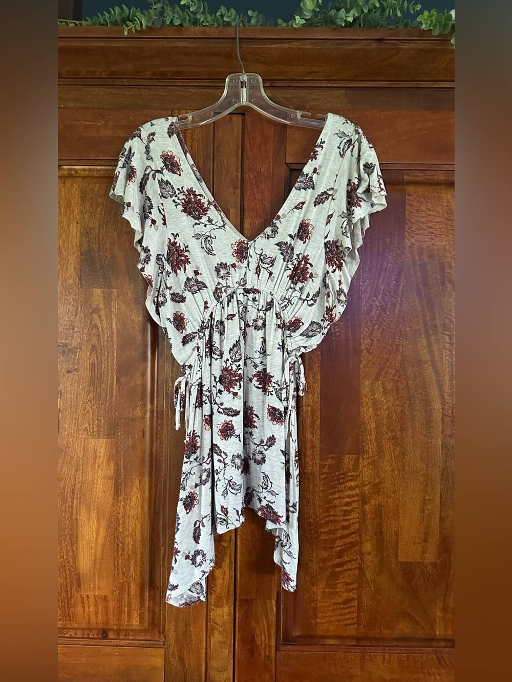 Maurices Cream Top with Burgundy Floral Print and Ruffle Sleeves